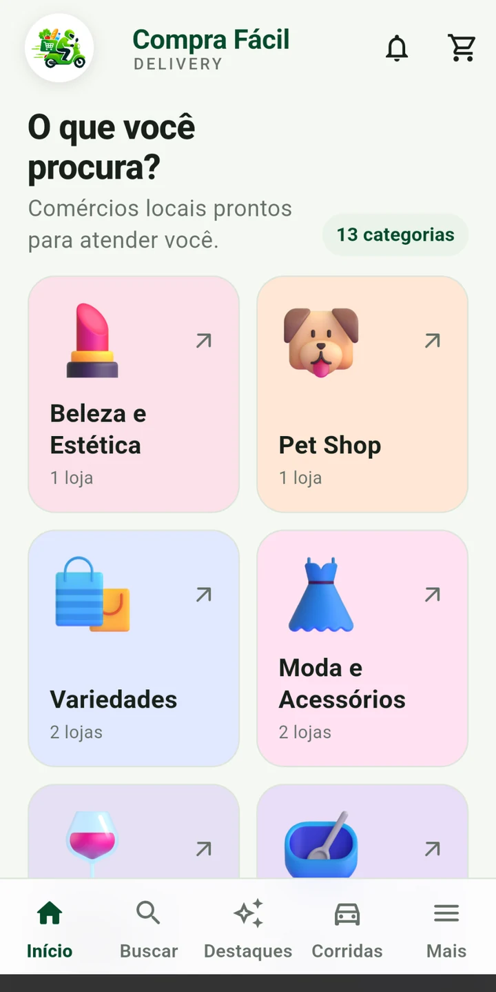 Categorias do aplicativo Compra Fácil